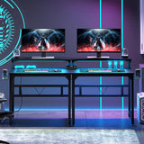 TREETALK Gaming Desk with Power Outlets & LED Strip Lights,80CM Industrial Writing Desk with Adjustable Monitor Stand, Cupholder and Headphone Hook for Home Office Black TREETALK