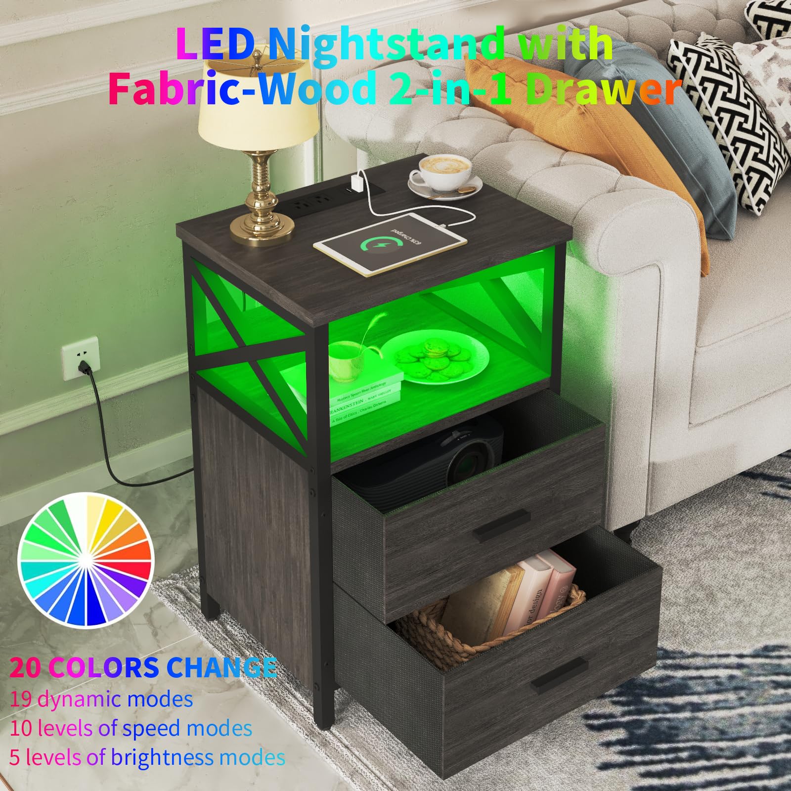 HDDDZSW LED Nightstand with Charging Station, Side Table with USB Ports and Outlets, End Table for Small Spaces, Grey Bedside Tables with Fabric-Wood 2-in-1 Drawer for Bedroom, Living Room, O - WoodArtSupply