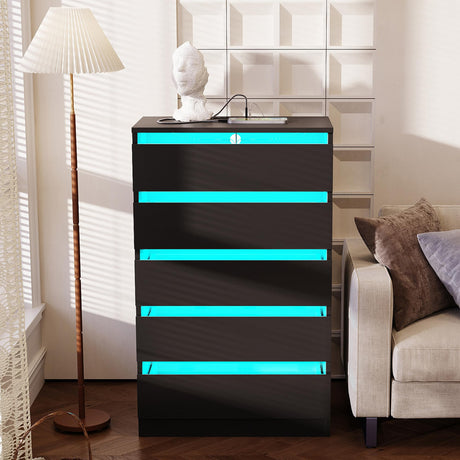 OTUTUMUS Black Dresser with Power Outlets & LED Lights, 5 Drawer Tall Black Dresser with Tempered Glass Panel, Chest of Drawers for Bedroom with Embedded Handle, 27.2" W x15.8 D x 43.5" H OTUTUMUS