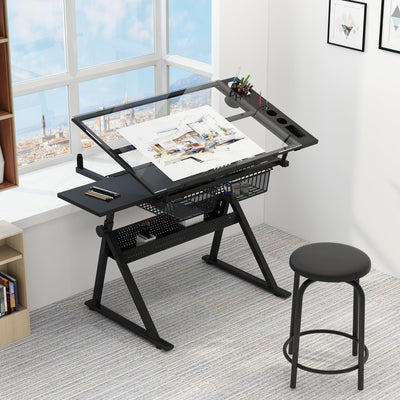 Gaderth Drafting Table w/Stool, Height Adjustable Drawing Table, Multifunctional Art Craft Paintings Work Station w/2 Storage Drawers Artists Desk Tilting Glass Tabletop for Home Office, Black