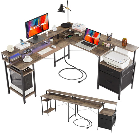 Mericonia L Shaped Gaming Desk, 66 inch Corner Computer Desk with File Drawer, Gaming Table with Led Lights, Workstation with Monitor Shelf, Printer Storage Shelves, Two Person Table, Grey Mericonia