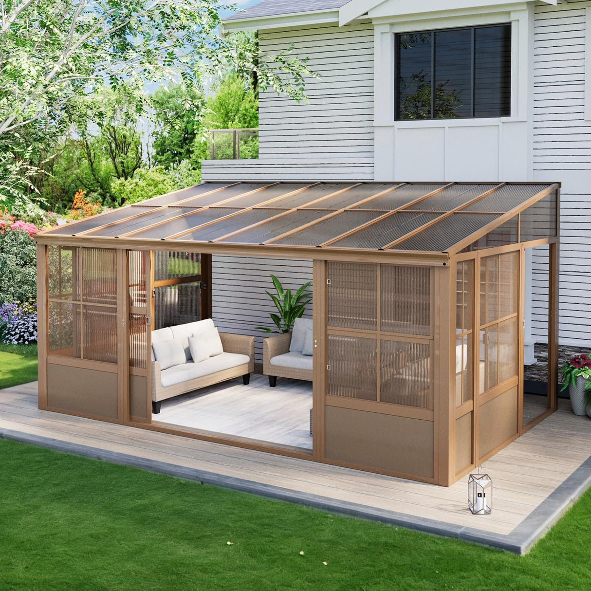 EROMMY 10' x 16' Sunroom, Wall Mounted Gazebo Solarium with Drainage Trough, Polycarbonate Roof, Lean to pergola for Garden, Permanent Sun Room with Lockable Sliding Doors, Brown EROMMY