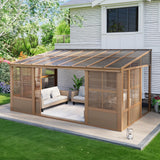 EROMMY 10' x 16' Sunroom, Wall Mounted Gazebo Solarium with Drainage Trough, Polycarbonate Roof, Lean to pergola for Garden, Permanent Sun Room with Lockable Sliding Doors, Brown EROMMY