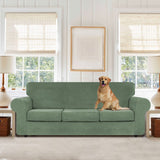 WEERRW 4 Pieces Velvet High Stretch Couch Covers for 3 Cushion Couch Sofa Slipcovers, Washable Furniture Protector with Non Slip Elastic Bottom, Feature Soft Plush Fabric, Greyish Green, Large WEERRW