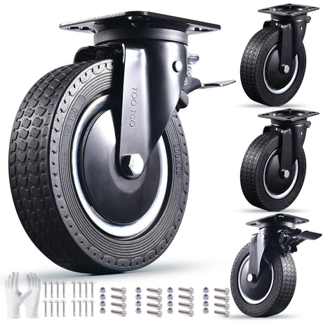 Heavy Duty 8 Inch Caster Wheels Set of 4 Industrial Swivel Locking Casters with Brake 3200 Lbs Load Capacity Rubber Wheels for Cart, Furniture, Workbench Outdoor Black Castors, Includes Bolts & Screws TOO TCO