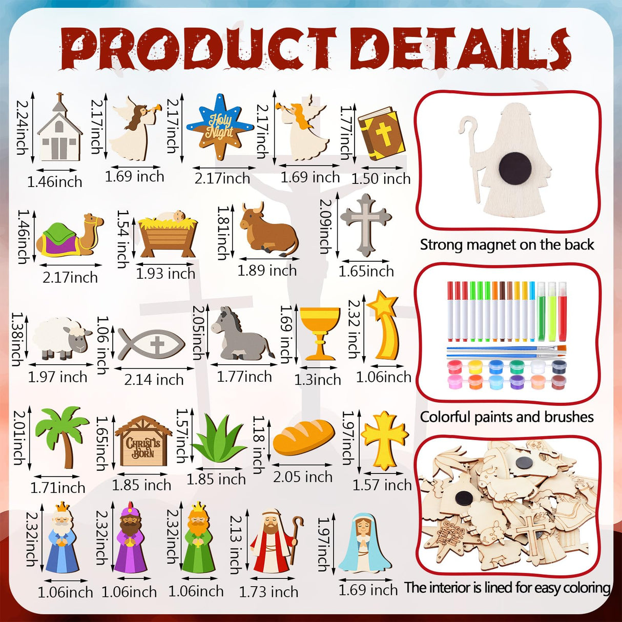 Mootycapa 24 Pcs Christmas Christian DIY Wooden Magnets to Paint, Nativity Scene Glow in The Dark Wood Painting Crafts, Jesus Fridge Magnets Craft Kits for Boys Girls School Home Party Activities Mootycapa