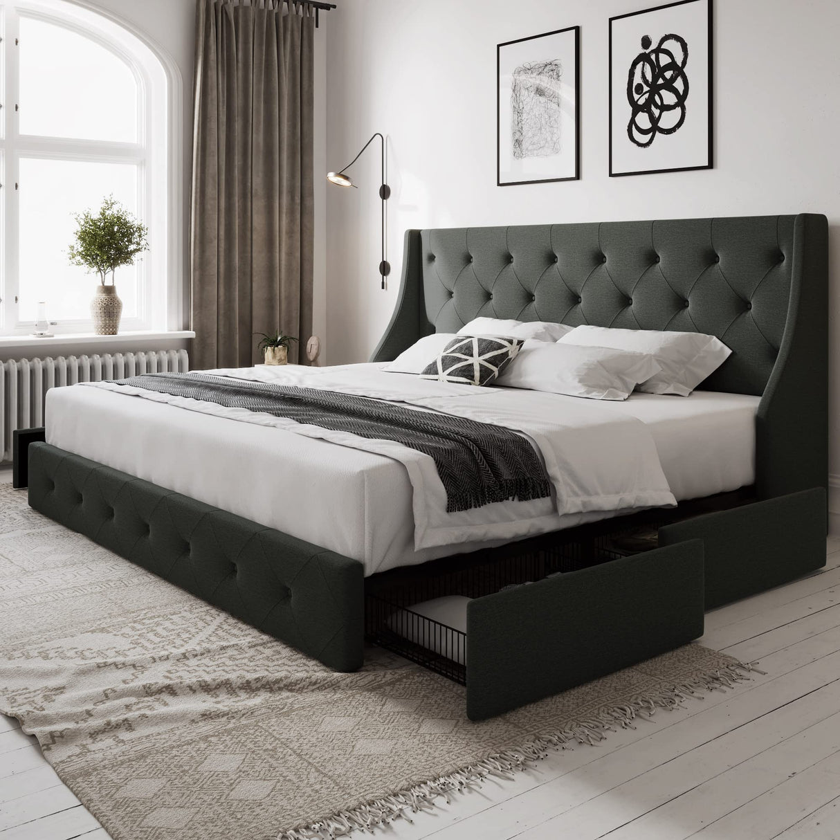 Allewie King Size Bed Frame with 4 Storage Drawers and Wingback Headboard, Button Tufted Design, No Box Spring Needed, Dark Grey Allewie