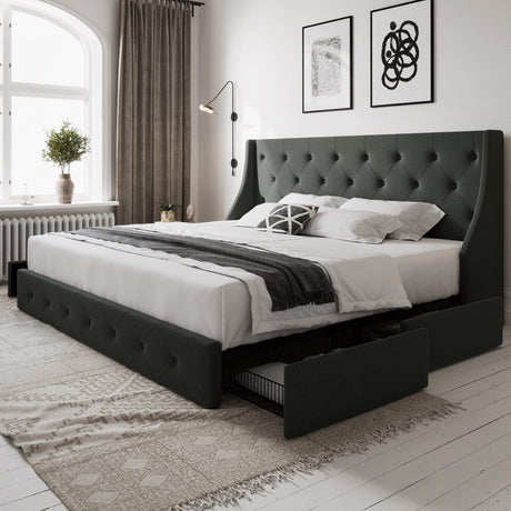Allewie King Size Bed Frame with 4 Storage Drawers and Wingback Headboard, Button Tufted Design, No Box Spring Needed, Dark Grey Allewie