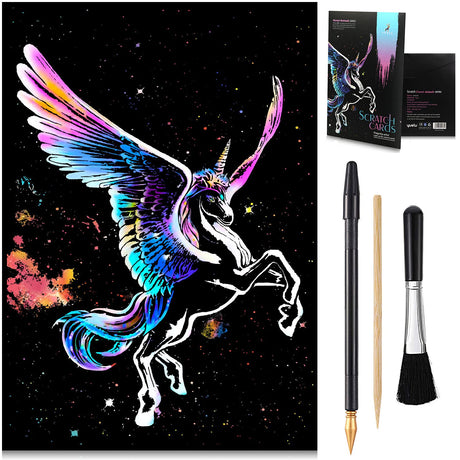 NAIHEY Scratch Art Rainbow Painting Paper DIY Crafts Womens Hobbies Engraving Art Scratchboard Scratch Painting Sketch Pads for Adults 16” x 11.2” (Unicorn Animal) Birthday Gift NaiHey