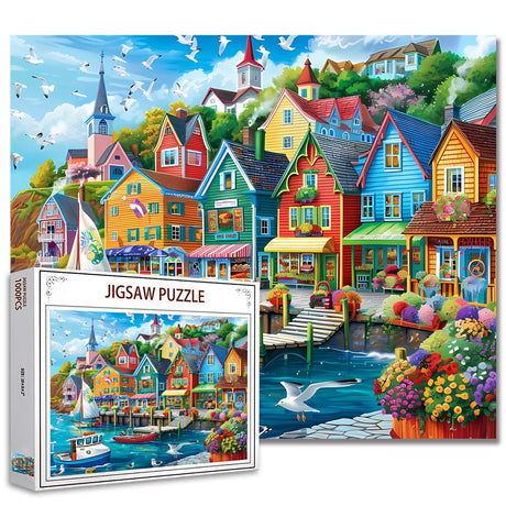 Tucocoo Jigsaw Puzzles 1000 Pieces for Adults-Colorful Seaside Town Hardboard Puzzle-Challenging Puzzle Perfect for Game Nights-DIY Home Wall Decor-Art Puzzles Colorful Coastal Town 27" x 20" Tucocoo