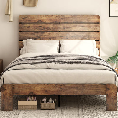 SAMTRA Wooden Full Size Bed Frame with Headboard, Rustic Farmhouse Platform Bedframe with Wood Slat Support, Sturdy and No Noise, Easy Assembly (Light Brown/Linear Headboard, Full)