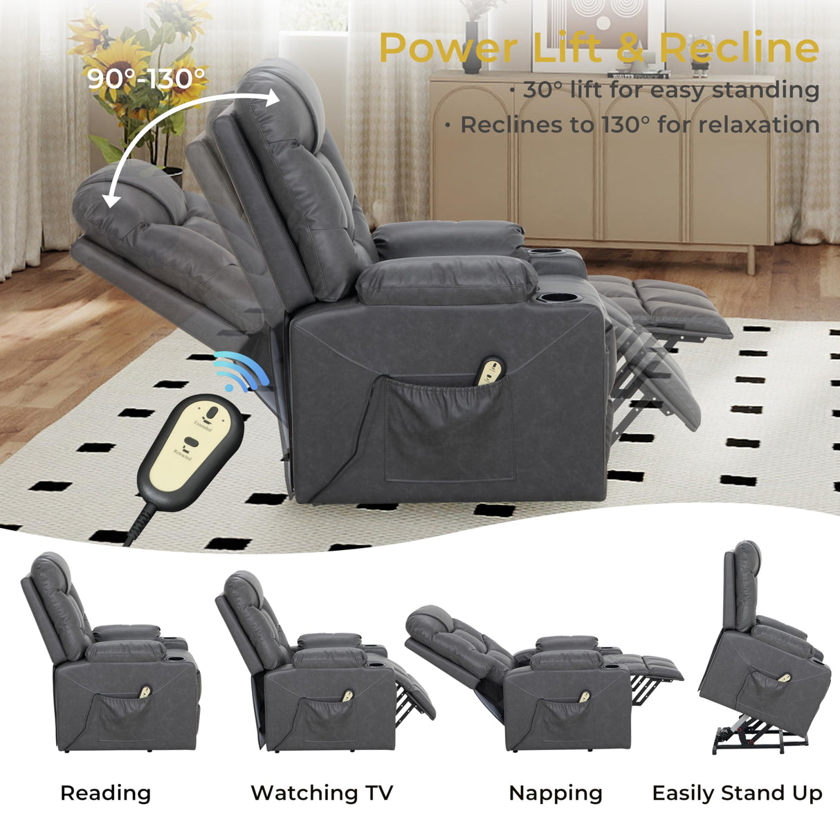 VUOVUS Power Lift Recliner Chair for Elderly, Electric Recliner with Remote Control, Adjustable Footrest, PU Leather Living Room Recliner with Cup Holders and Side Pockets (Light Grey) VUOVUS