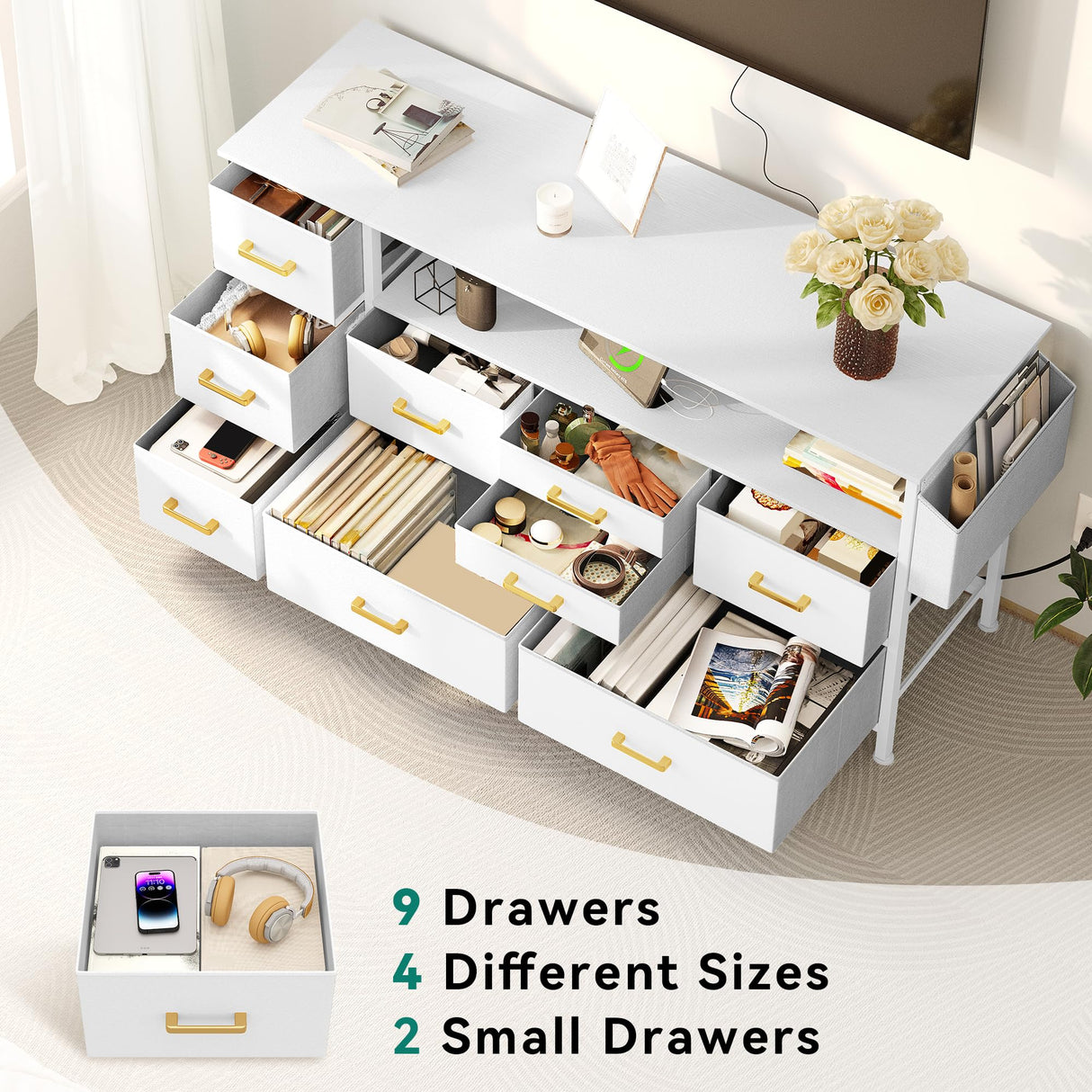 YITAHOME Dresser TV Stand for 55'', 9 Drawer Dresser with Power Outlet, Wide White Drawer with Metal Handle and PU Finish YITAHOME