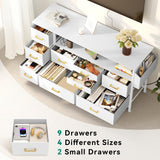 YITAHOME Dresser TV Stand for 55'', 9 Drawer Dresser with Power Outlet, Wide White Drawer with Metal Handle and PU Finish YITAHOME