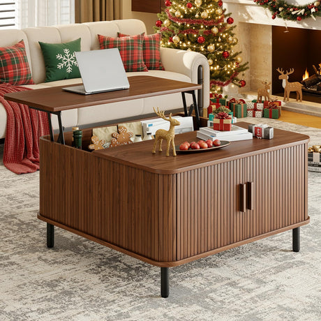 ONBRILL Lift Top Coffee Table with Large Hidden Compartment, Wood Square Coffee Table with Adjustable Footpads, Mid-Century Modern Lift Tabletop Dining Table for Living Room, Home Office, Walnut ONBRILL