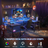 Hyomdeck Customizable U Shaped Desk & L Shaped Office Desks with RGB LED Light, Adjustable Monitor Stand and Power Outlets, Reversible Computer Desk with Storage, Large L Shape Gaming Table, Black Oak Hyomdeck