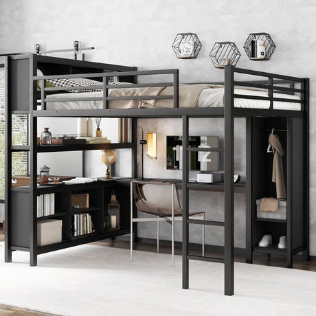 Bellemave Queen Size Loft Bed with Desk, Wardrobe & Storage Shelves, Modern Metal Loft Bed Frame for Adults, Teens, Kids, Space-Saving Queen Bed for Small Rooms, Dorms, Apartments (Queen, Black) Bellemave