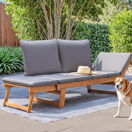 Devoko Outdoor Couch Acacia Wood Patio Couch with Adjustable Armrests,Outdoor Convertible Sofa with Removable Cushions&Pillows for Patio, Porch, Poolside(Grey) Devoko