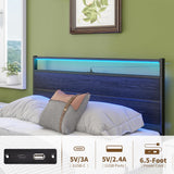 Full Size HOJINLINERO Bed Frame with Wood Headboard, LED Lights & Charging Station HOJINLINERO