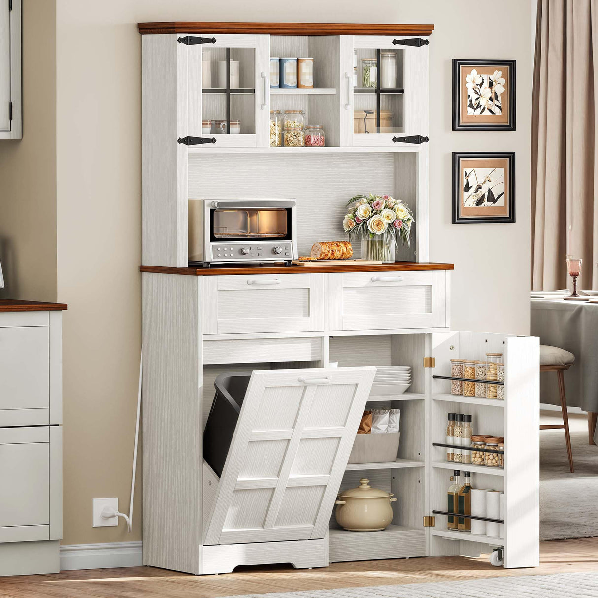 DWVO Kitchen Pantry Cabinet, 70" Tall Farmhouse Freestanding Kitchen Storage Cabinets with 10 Gallon Tilt-Out Trash Can Cabinet,2 Drawers, Microwave Coffee Bar for Living & Dining Room, White Walnut DWVO