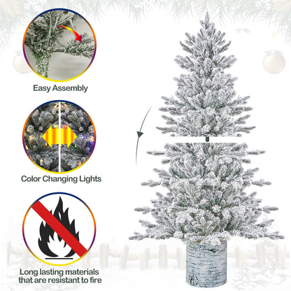 Hykolity 4.5 ft Prelit Snow Flocked Potted Christmas Tree, 621 PE & PVC Realistic Branch Tips, Artificial Arctic Fir with 150 Multicolor LED Lights, Sturdy Potted Stand, 10 Color Modes