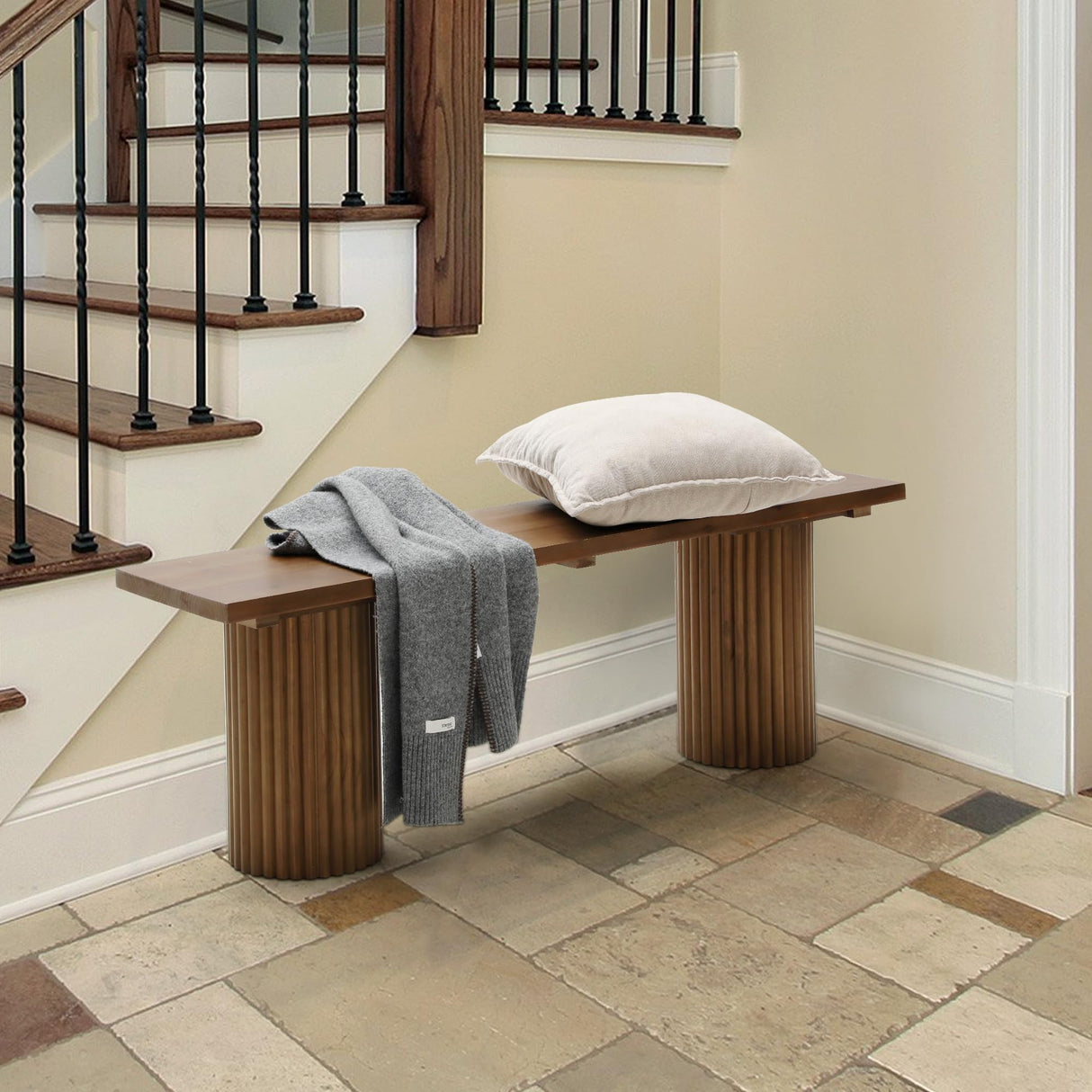 WINWY Fluted Wood Bench, 51" Farmhouse Solid Wood Bench Seat for Entryway, Dining Room, Indoors and Outdoors, Rounded Leg, Easy Assembly, Natural WINWY