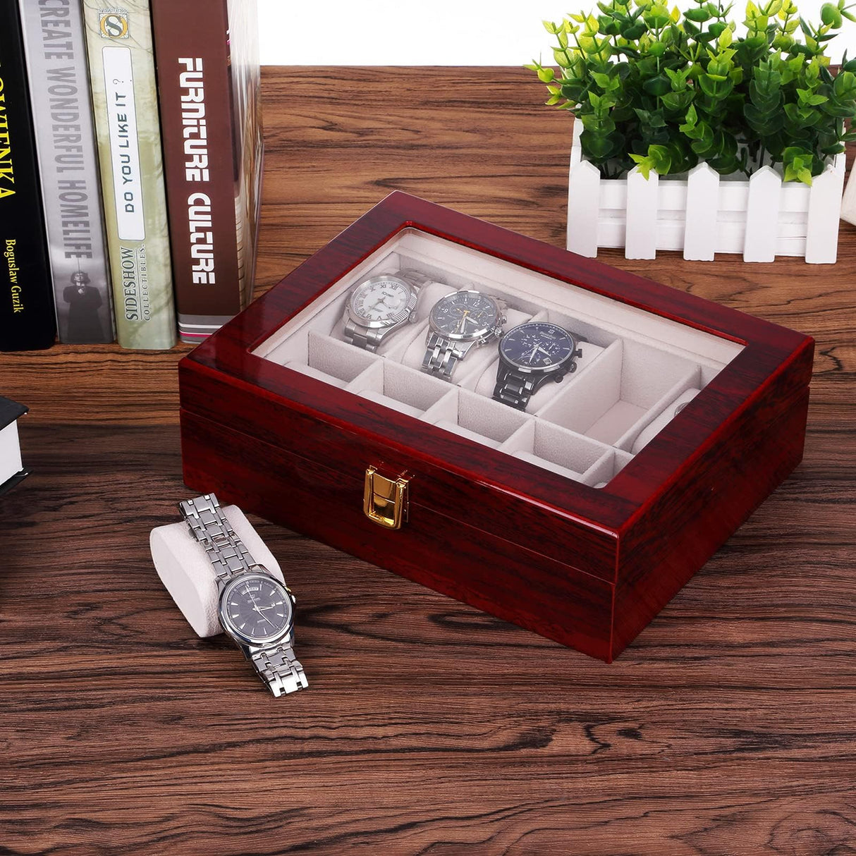 Uten Watch Box, 10 Slots Wooden Watch Case with Removable Watch Pillow, Metal Clasp Watch Display, Watch Box Organizer for Men and Women Uten