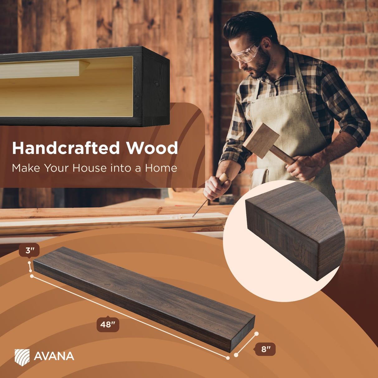 Avana Fireplace Mantel Shelf 48 inches - Natural Mantles for Over Fireplace - Wall Mounted Fireplace Mantels, Handcrafted Wood Mantle Mount, Rustic Brown Floating Mantle Shelves - 48 X 8 X 3 Inch Avana