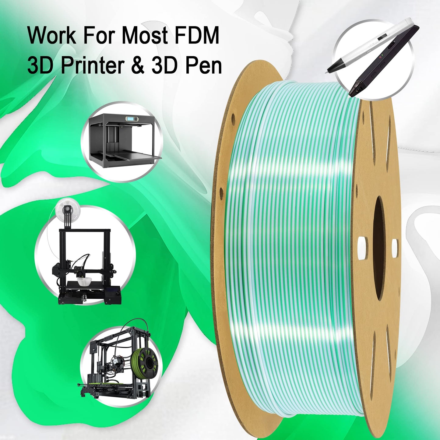 DO3D Silk White Green PLA Dual Color Coextrusion 3D Printer Filament, 1.75mm Silk Shiny 2 Color in 1 Printing PLA, Widely Fit for 3D Printer, 2.2lbs 1KG Dual Color 3D Printer Material, White/ - WoodArtSupply