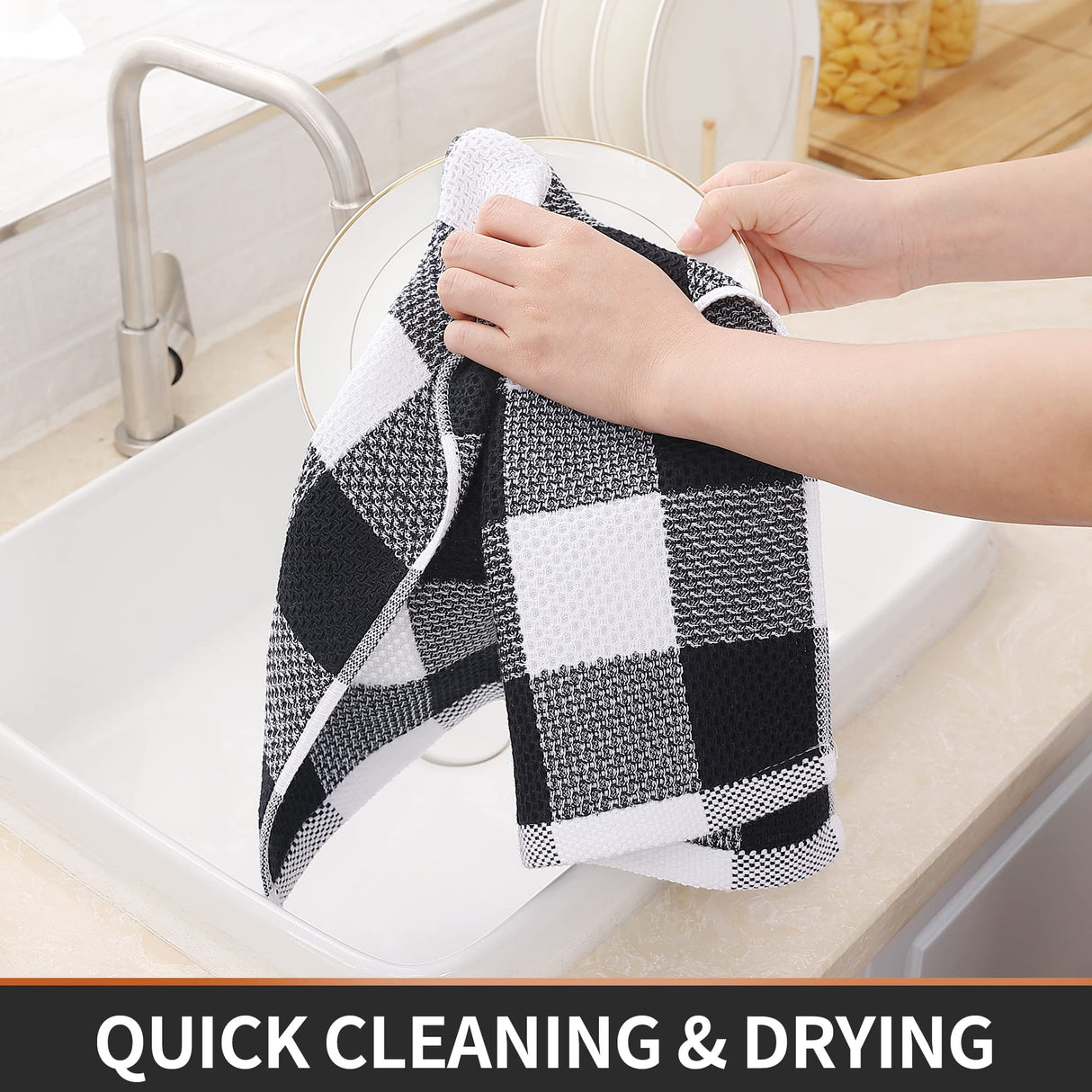 Homaxy 100% Cotton Waffle Weave Check Plaid Kitchen Towels, 13 x 28 Inches, Super Soft and Absorbent Dish Towels for Drying Dishes, 4-Pack, White & Black Homaxy