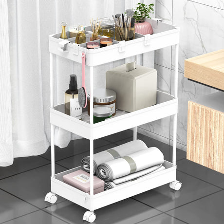SPACELEAD 3-Tier Utility Storage Cart, Mobile Utility Cart with Lockable Caster Wheels, Rolling Carts Organizer for Bathroom Laundry Kitchen,Used as Book Art Snack lash Makeup Diaper cart, White SPACELEAD