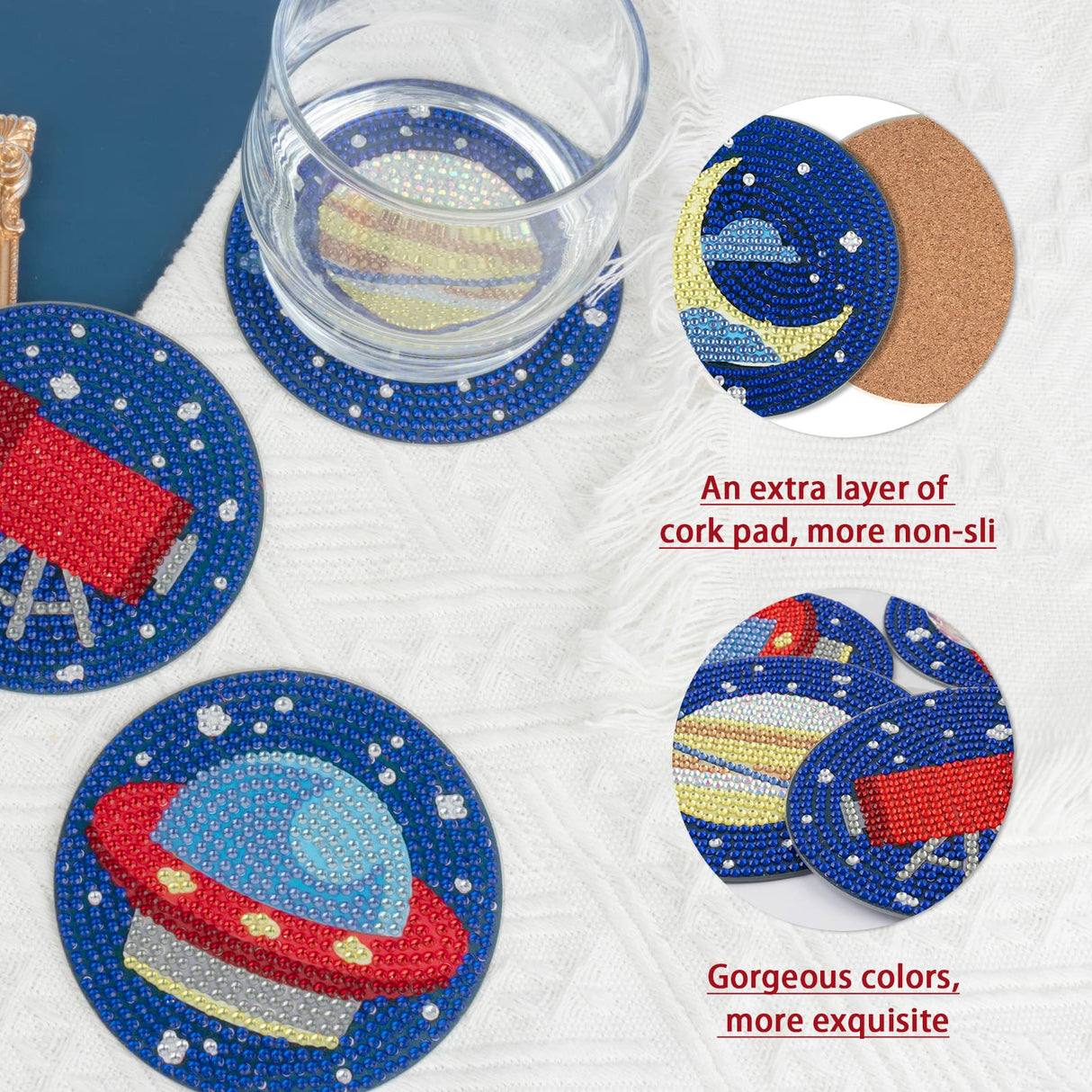 6 Pcs Starry Sky Diamond Art Acrylic Coasters with Cork Base and Holder, DIY 5D Diamond Painting Coasters Kit for Adults, Planet Rocket Moon Spaceship Design, Creative Table Decor Crafts antor