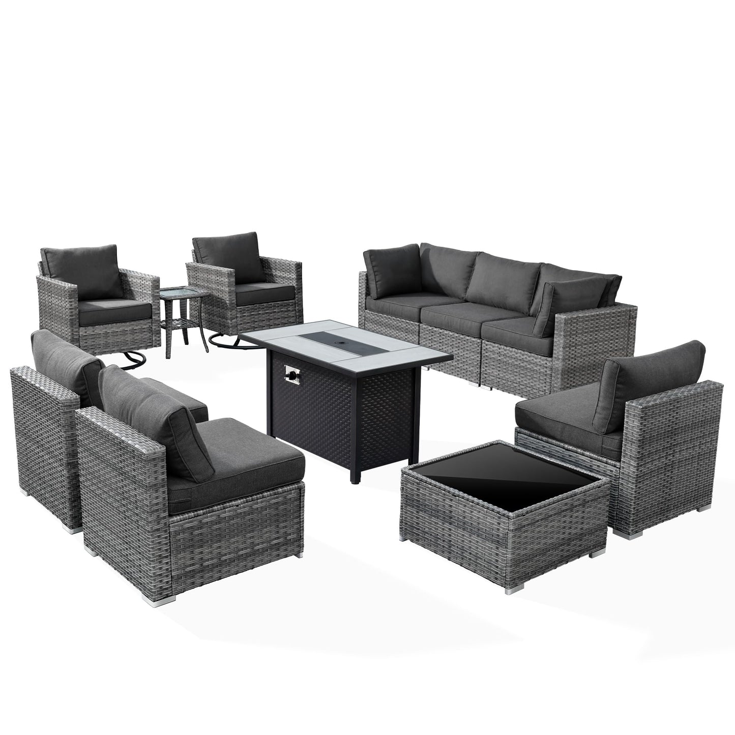 XIZZI Patio Furniture with 42" Fire Pit Table,11 Pieces All Weather Wicker Outdoor Sectional Sofa with Swivel Rocking Chairs,Patio Conversation Set for Balcony,Deck,and Backyard (Black) - WoodArtSupply