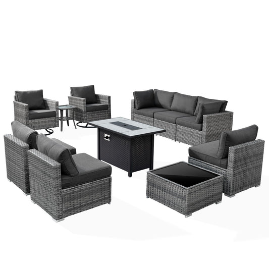 XIZZI Patio Furniture with 42" Fire Pit Table,11 Pieces All Weather Wicker Outdoor Sectional Sofa with Swivel Rocking Chairs,Patio Conversation Set for Balcony,Deck,and Backyard (Black) - WoodArtSupply