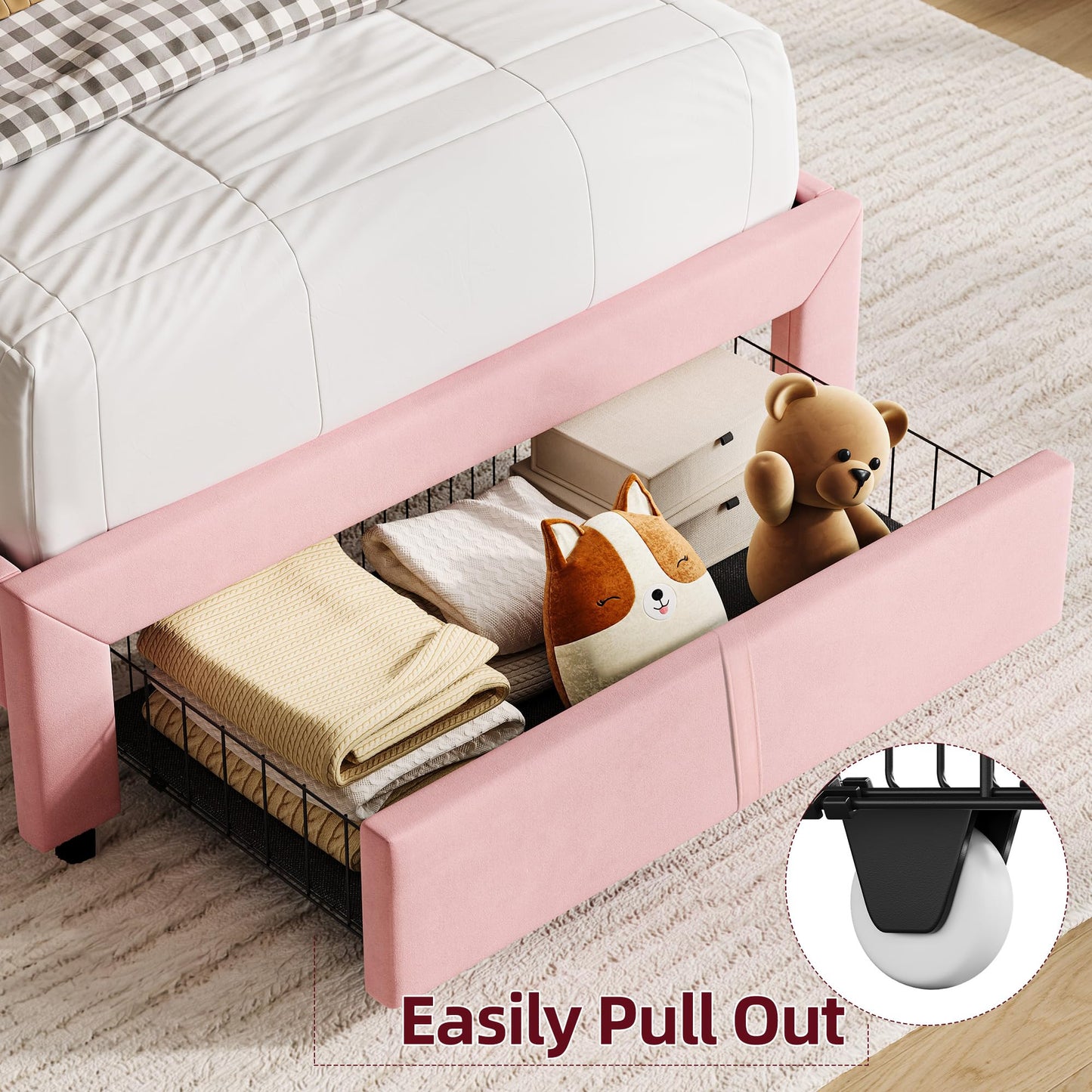 GarveeHome Twin Bed Frame with Drawer, Velvet Upholstered Platform Bed Frame with Storage Headboard, No Box Spring Needed, Easy Assembly, Noise-Free, Pink