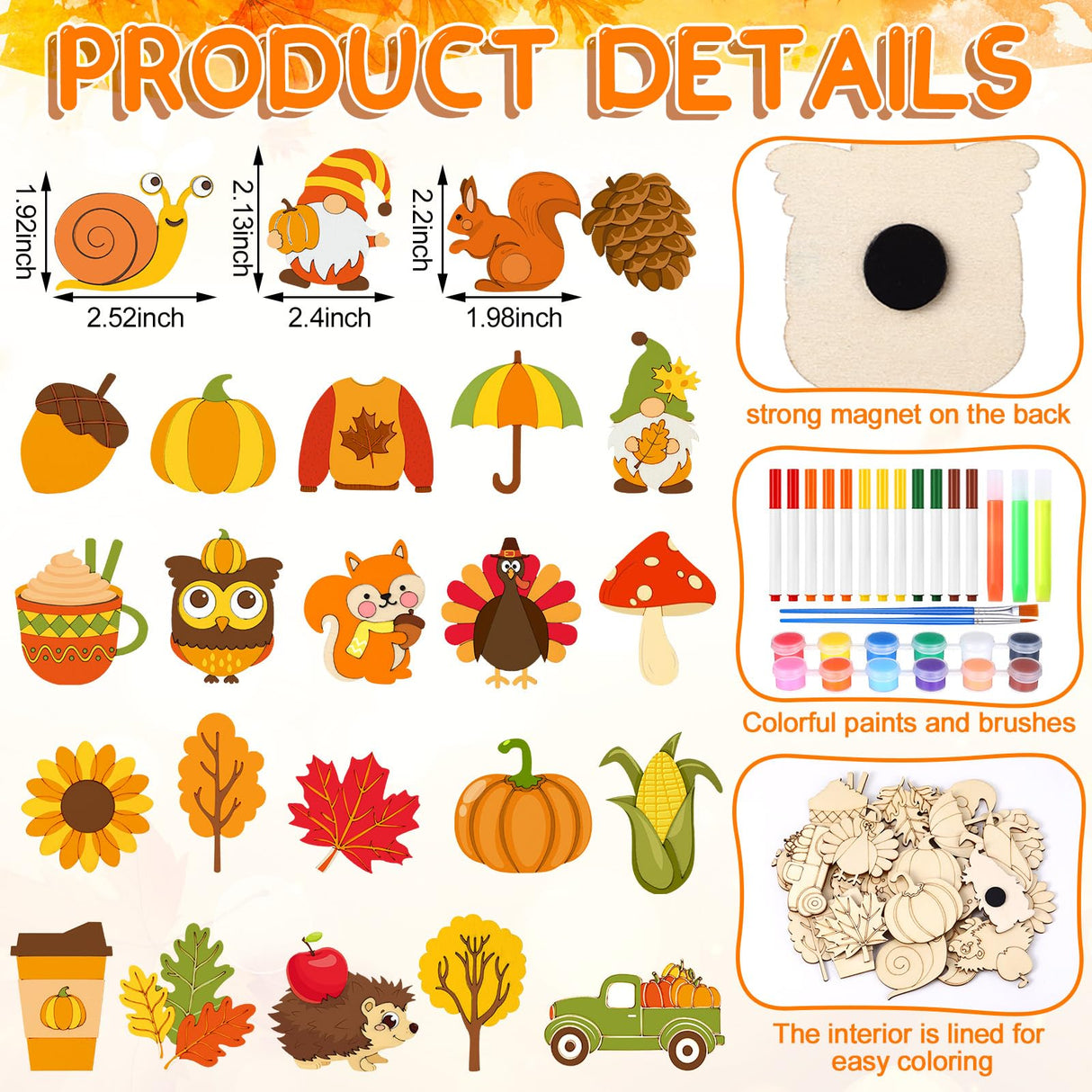 Relaxweex 24 Pcs Fall DIY Wooden Magnets, Thanksgiving Autumn Wood Painting Art Crafts, Pumpkin Fridge Magnets Craft Kits for Activities Gifts Home Party Relaxweex