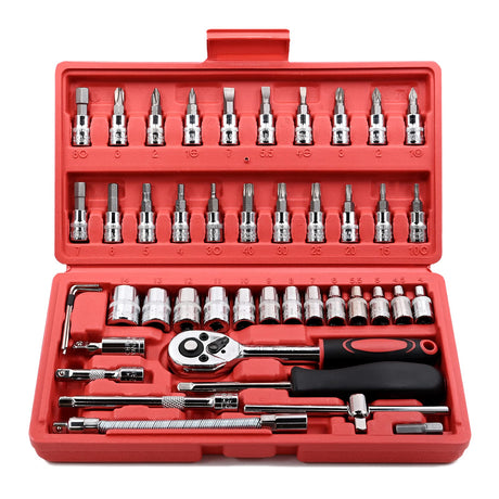 Egofine 46 Pieces 1/4 inch Drive Socket Ratchet Wrench Set, with Bit Socket Set Metric and Extension Bar for Auto Repairing and Household, with Storage Case Egofine