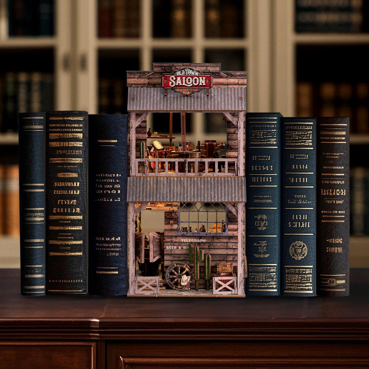 Wondyland Book Nook Kit - DIY Miniature House & Dollhouse Alley Model Kit, Puzzle Bookshelf Library Decor with LED Light, Craft Gift for Adults, Teens, and Family(Old Town Saloon) Wondyland