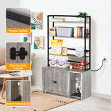 STMHOM 60 Inch Tall Cat Litter Box Enclosure Furniture with Shelves, Hidden Cat Litter Box Furniture 32" x 19" x 60", Wooden Litter Box Cabinet with Sockets and Pull Out Tray, Grey STMHOM