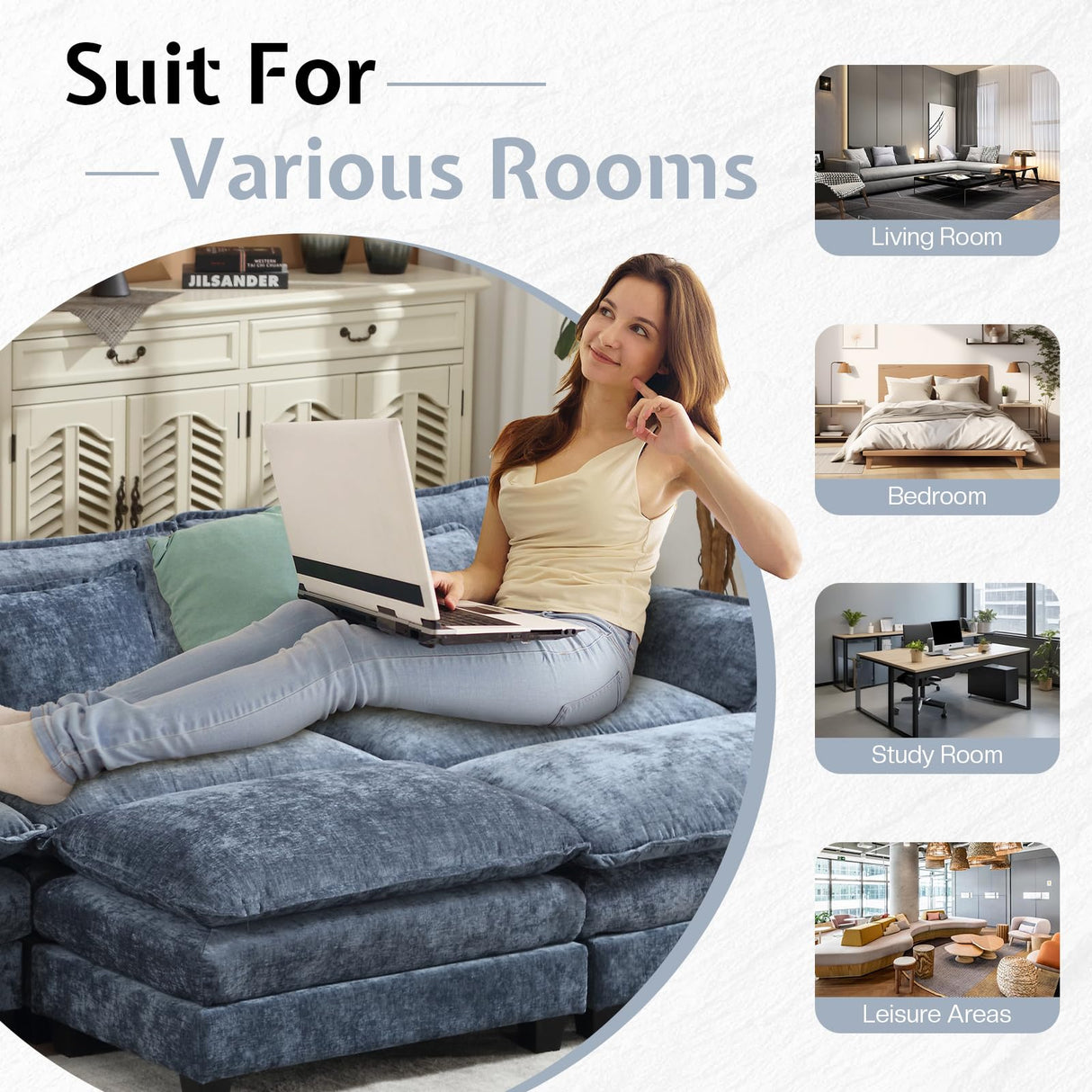 OQQOEE Sectional Sofa Modular Cloud Couch Upholstered Deep Seat Cloud Sofas with Ottoman Comfy Chenille Sofa Sleeper for Living Room,Apartment (Blue, L Shaped-3 Seat & Ottoman) OQQOEE