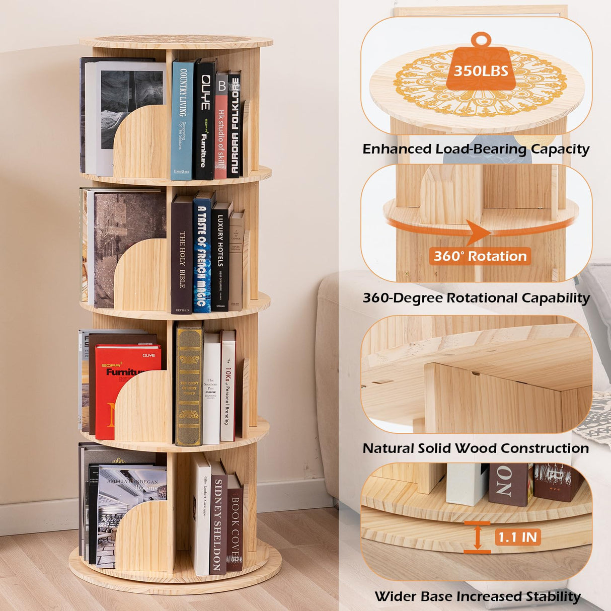 BUYWAY 360° Rotating Solid Wood Bookshelf Tower - Versatile 4-Tier Bookcase for Kids & Adults in Natural Finish BUYWAY