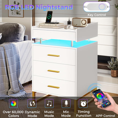 BTHFST LED Nightstand Set of 2 with Charging Station, Large Night Stand with 3 Drawers and 1 Pull-Out Tray, Modern Bedside Table with LED Lights, End Side Table with Storage, White and Gold BTHFST