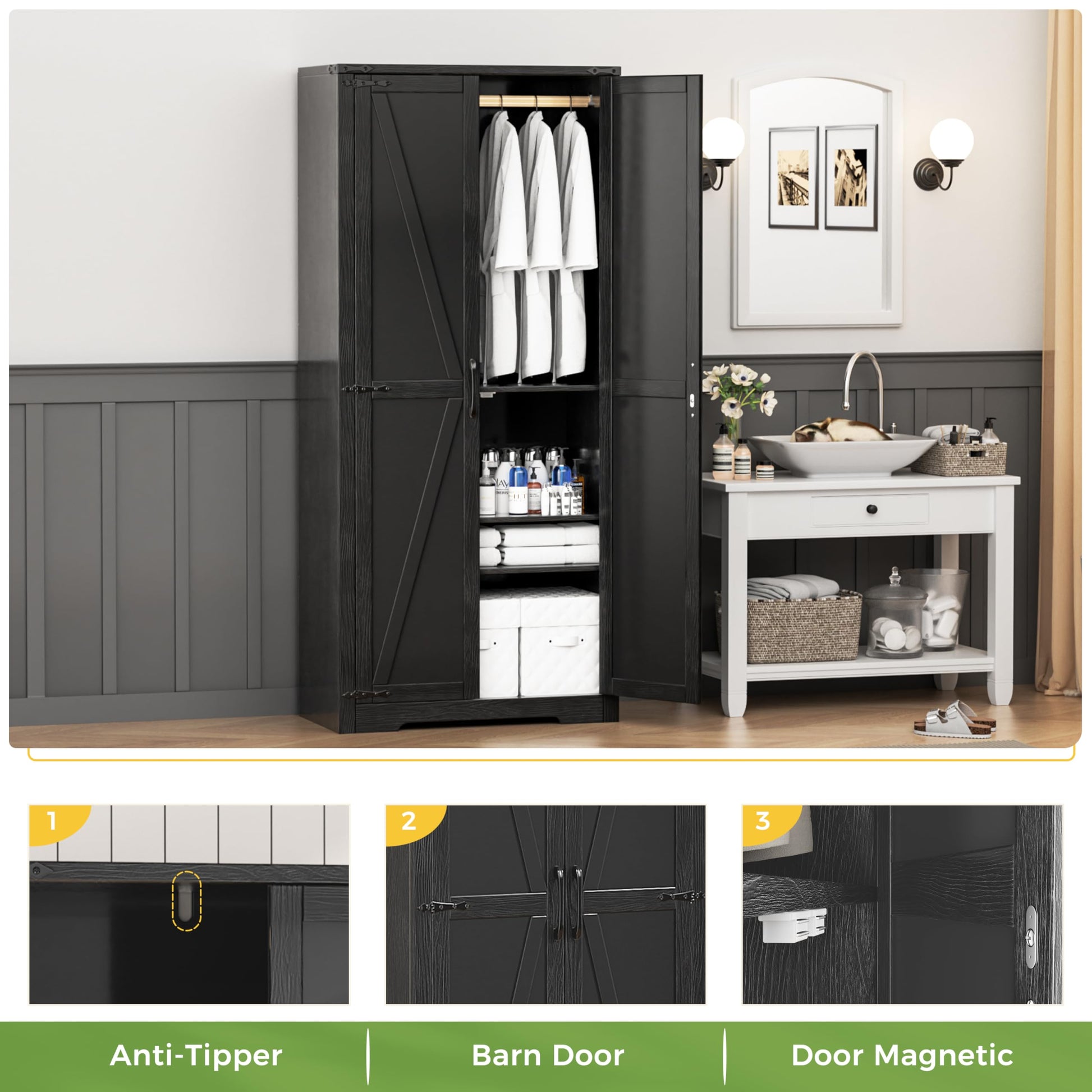 INTERGREAT 72”Tall Storage Cabinet, Wood Wardrobe Closet with 2 Barn Doors and Adjustable Shelves, Large Pantry Cabinet for Bedroom, Bathroom, Kitchen,Black - WoodArtSupply