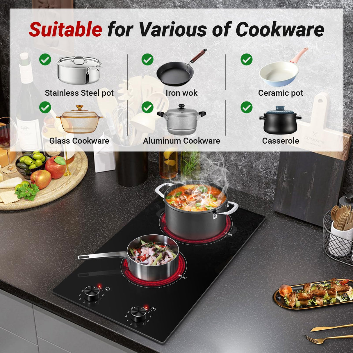 AMZCHEF 12Inch 2 Burner Electric Cooktop, 1800W/11Levels 2 Burners Stove Top With Knob Control Countertop & Built-in Radiant Electric Stove with Residual Heat Indicator amzchef