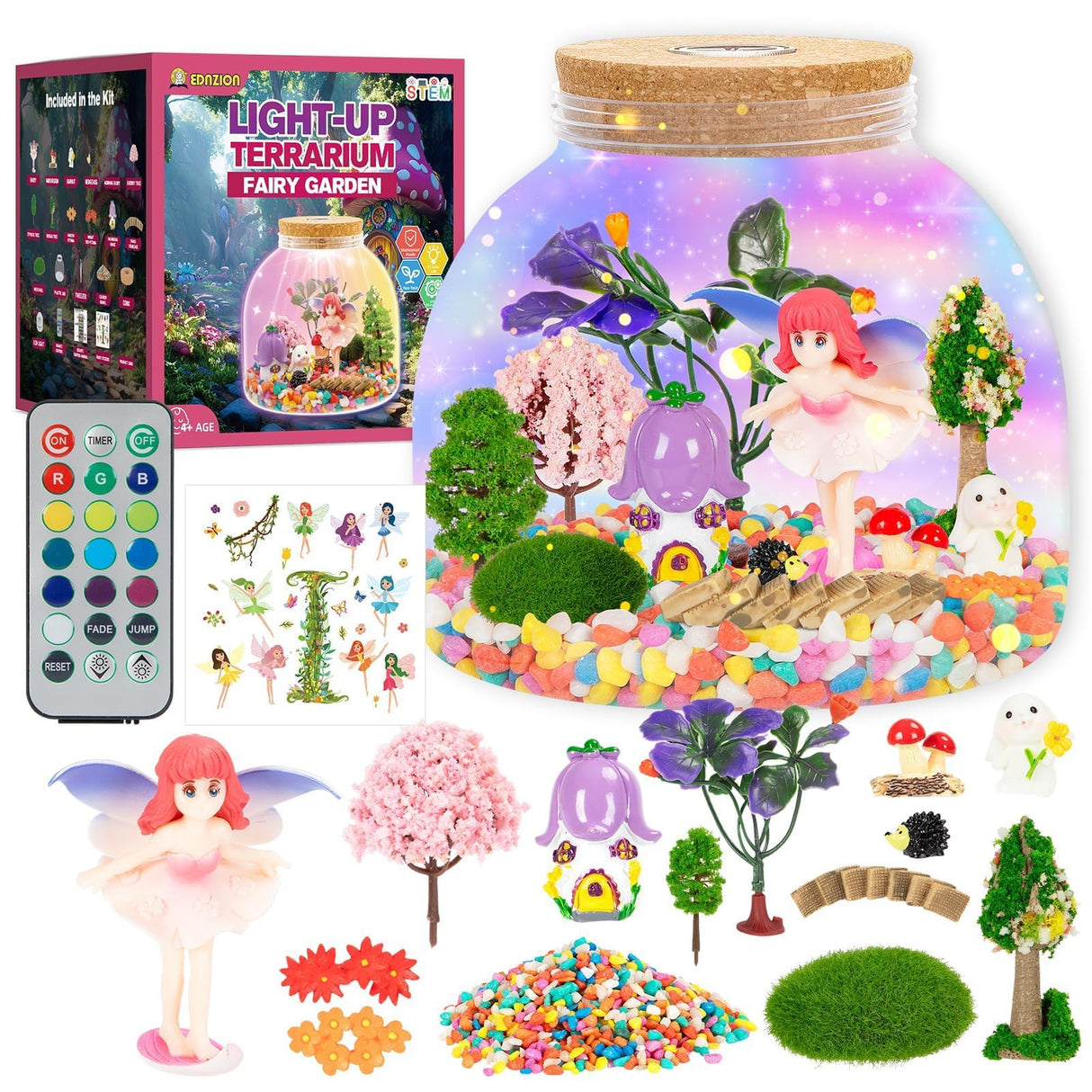 Fairy Garden Light Up Terrarium – DIY Craft Kit with LED for Girls Ages 4-8 | STEM & Art Gift for Kids, Ideal for Birthday or Holiday Ednzion
