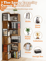 7 Tier Corner Bookshelf 74 Inches Tall Corner Bookcase Industrial L Shaped Book Shelf with Metal Frame Display Rack Storage Organize for Home Office,Living Room,Bed Room (Brown) Suuiwau
