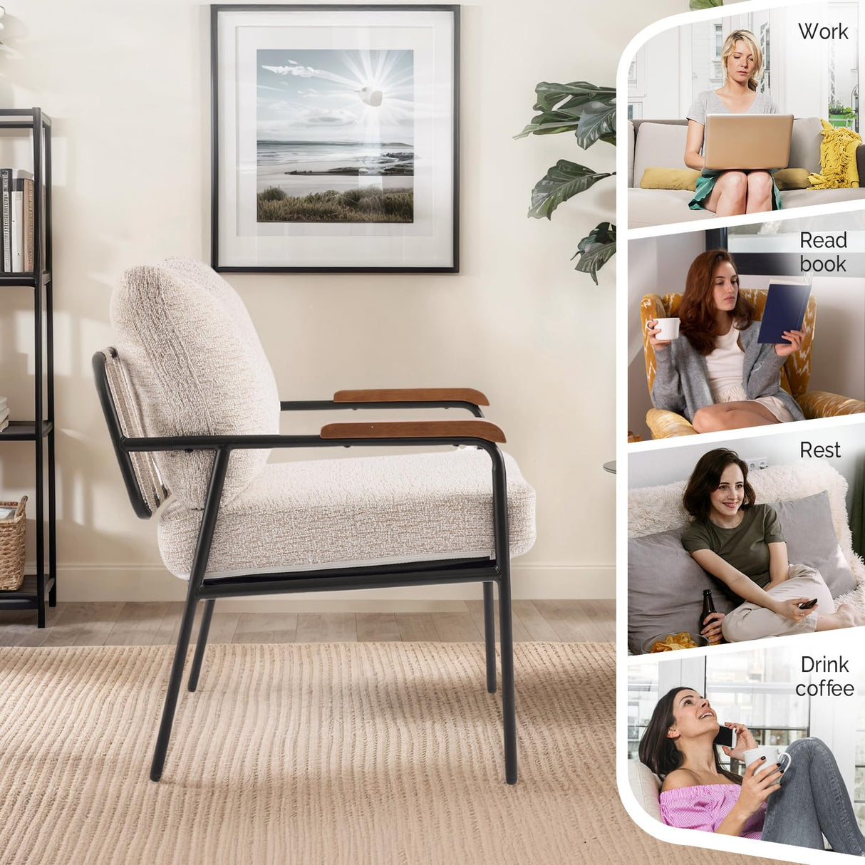 VINGLI Mid-Century Modern Accent Armchiar for Small Space, Small Comfy Upholstered Leisure Reading Chair with Wood Armrest for Bedroom, Living Room, Waiting Room, Linen Beige VINGLI