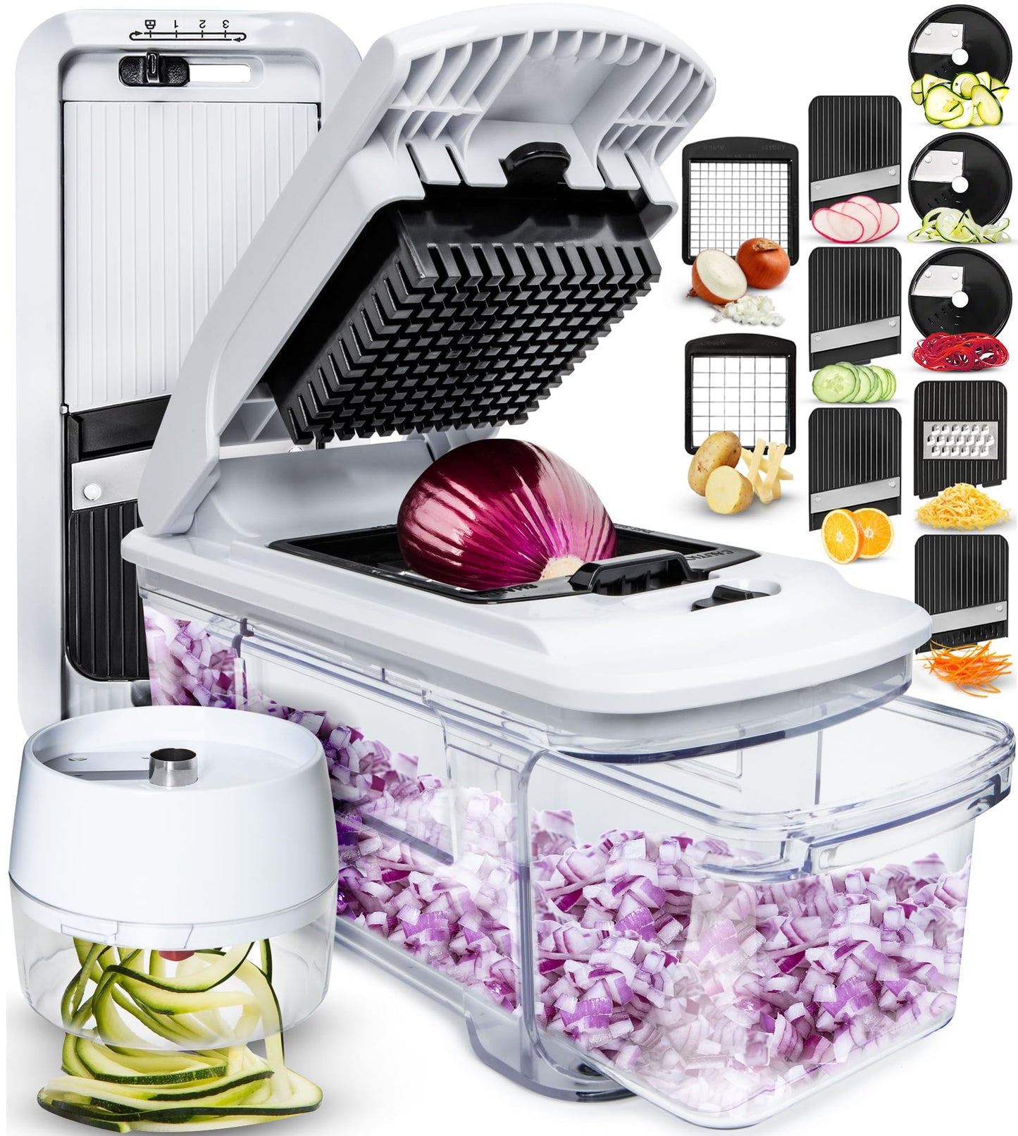 Fullstar All-in-1 Vegetable Chopper, Mandoline Slicer & Cheese Grater - French Fry Cutter & Veggie Dicer - Cheese Slicer - Includes Bonus Handheld Spiralizer (6 in 1, Black/White)