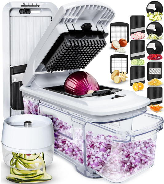 Fullstar All-in-1 Vegetable Chopper, Mandoline Slicer & Cheese Grater - French Fry Cutter & Veggie Dicer - Cheese Slicer - Includes Bonus Handheld Spiralizer (6 in 1, Black/White)