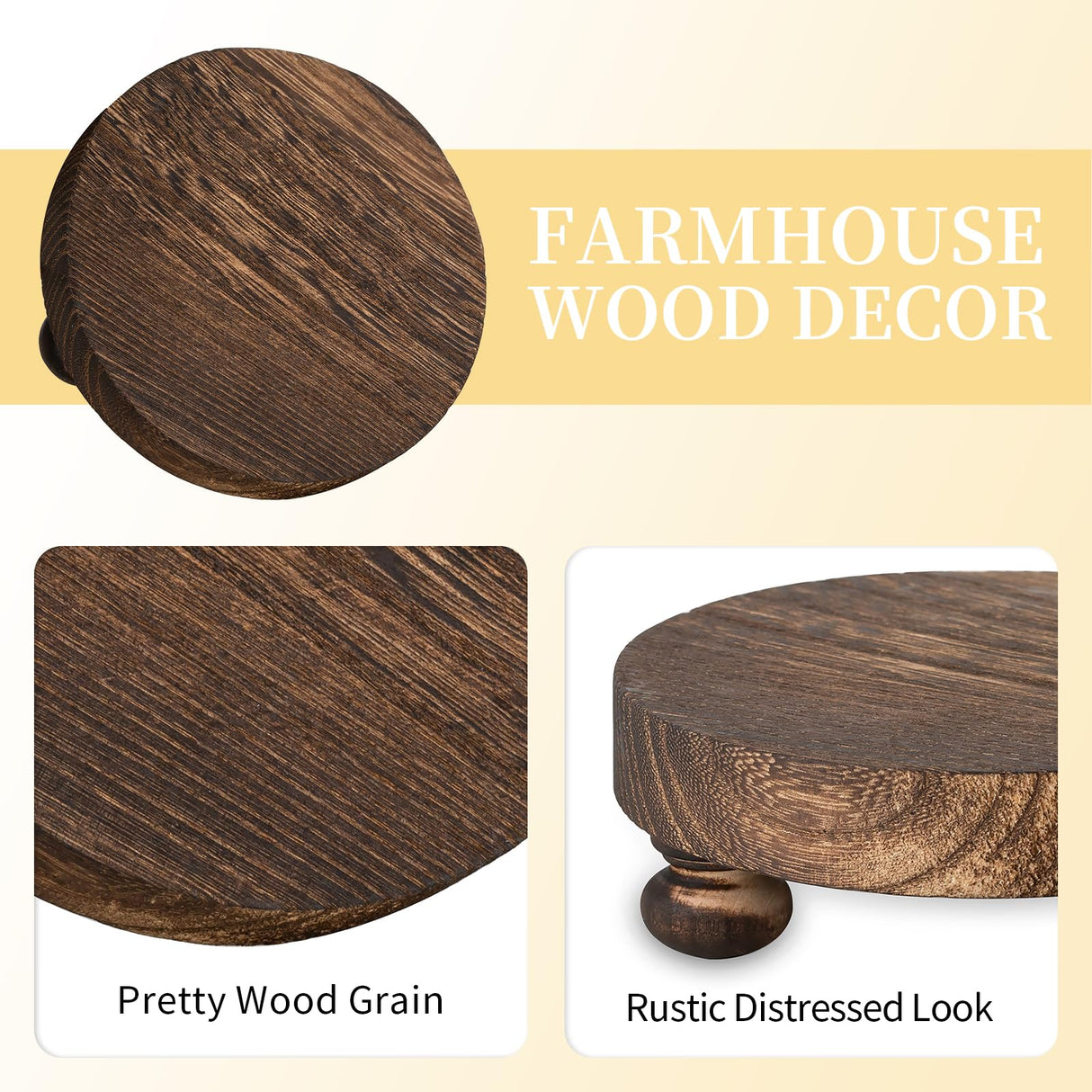 Romadedi Farmhouse Wood Riser for Display- 2 pcs Rustic Decor Mini Wooden Pedestal Decorative Round Tray for Home Table Bathroom Counter Shelf Kitchen, Brown Romadedi